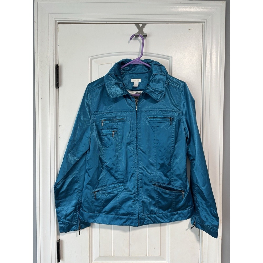 Chicos Satin Jacket Womens 1 Blue Satin Futuristic Zip Front Pockets Banded